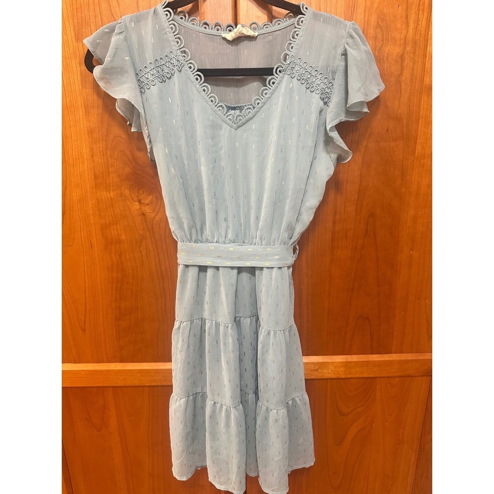 Sweet Wanderer Blue/Gold Metallic Clip Dot Crochet Lace Tiered Mini Dress Medium